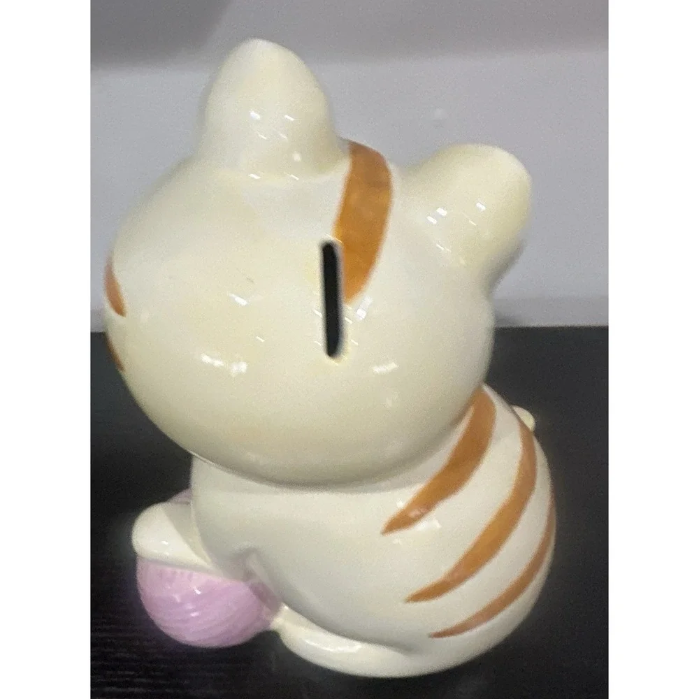 Ceramic Winking Striped Cat Piggy Bank Kitty Kitten Flower Yarn 12
